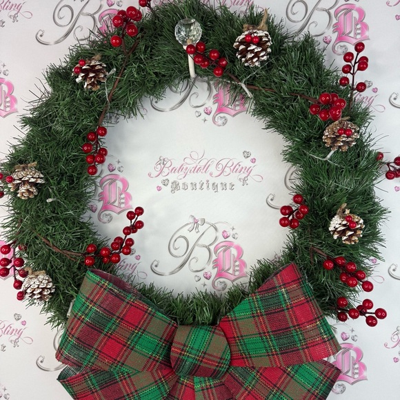 Wreath light up Festive Holiday Wreath acorns Red and Green Plaid Bow lights - Picture 3 of 10